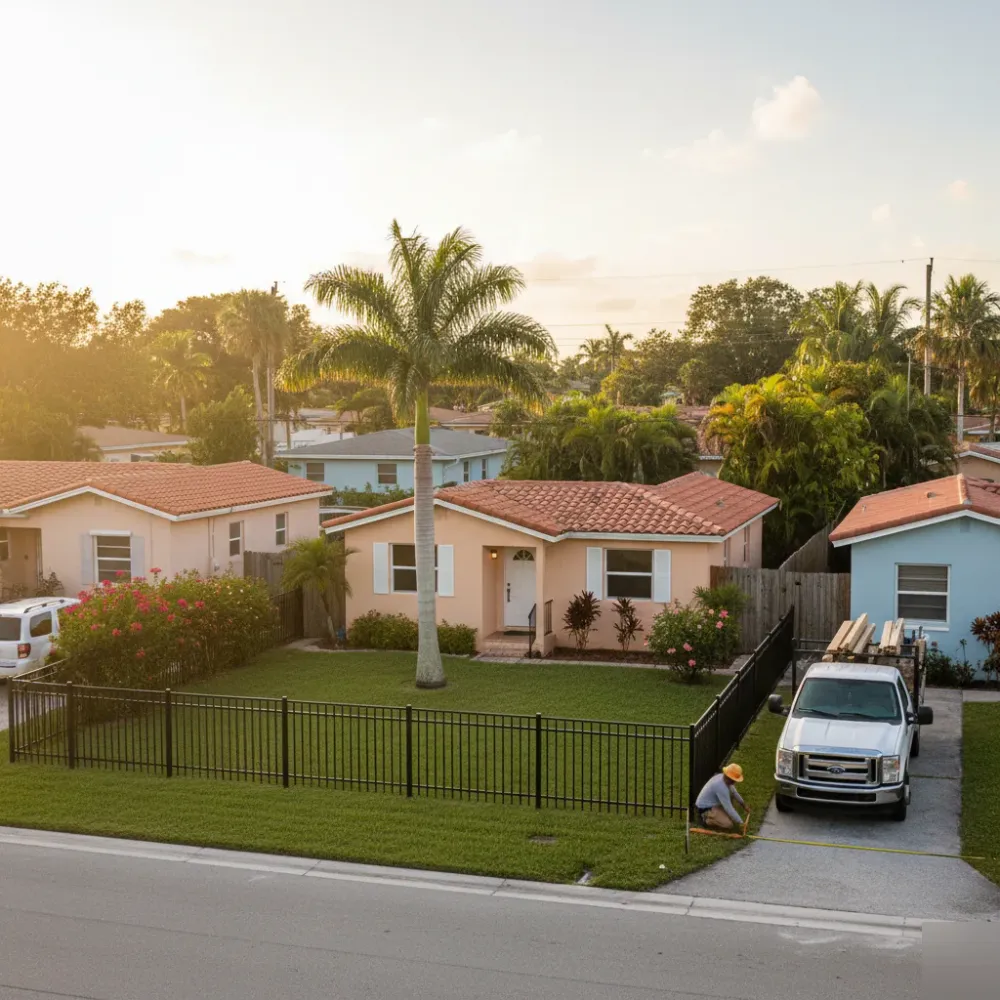 Aluminum ornamental fence borders a Hallandale Beach front yard as a worker measures along the property line near a loaded