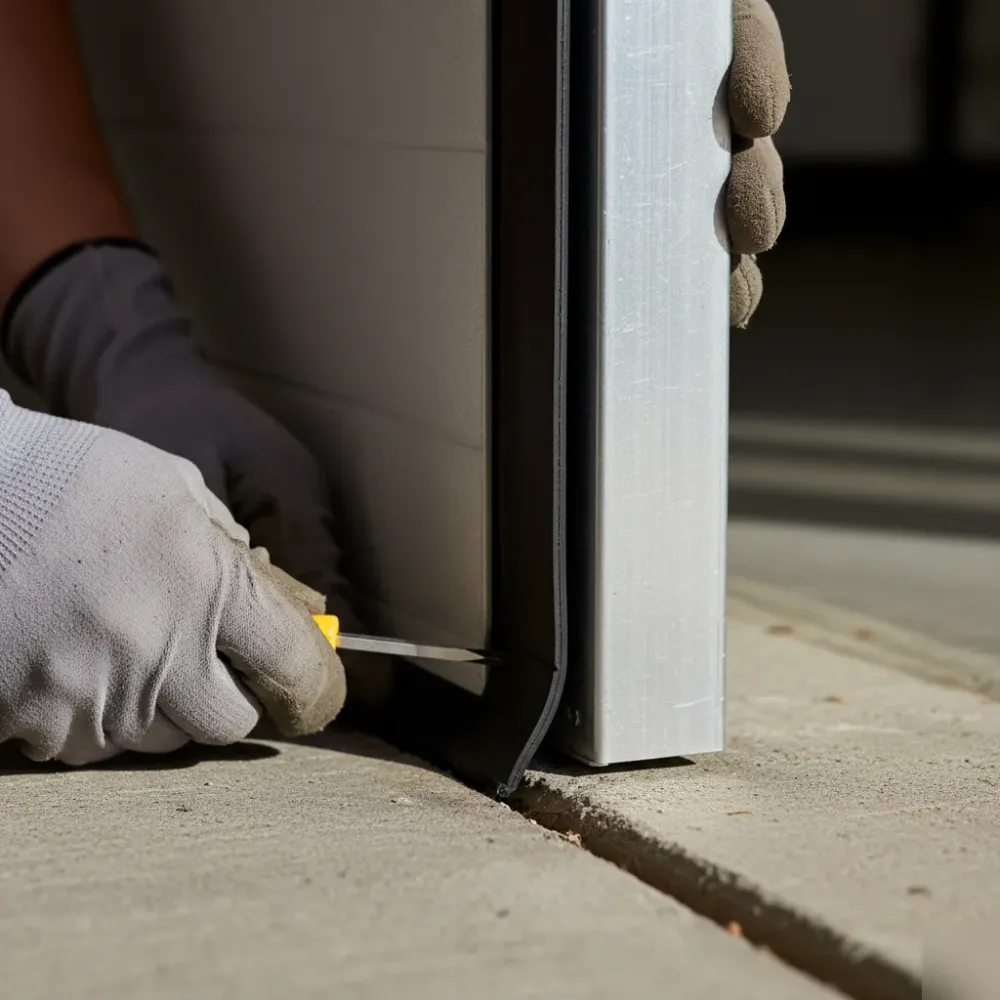 Gloved hands press a neoprene weatherstrip into the base channel of a brushed aluminum garage door frame.