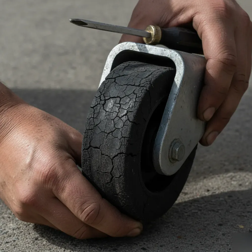 Hands removing a cracked rubber drive wheel from an automatic gate bracket during a repair inspection.