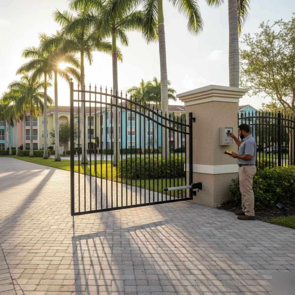 Technician programming an automatic swing gate receiver at a condominium entrance in Hallandale Beach at golden hour.