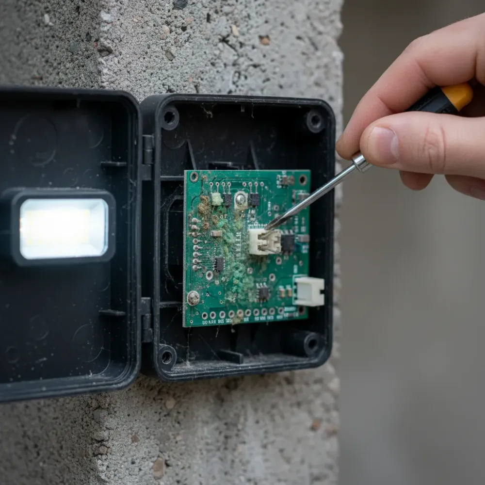 Hands adjusting corroded circuit board inside automatic gate control panel during repair in Hallandale Beach.
