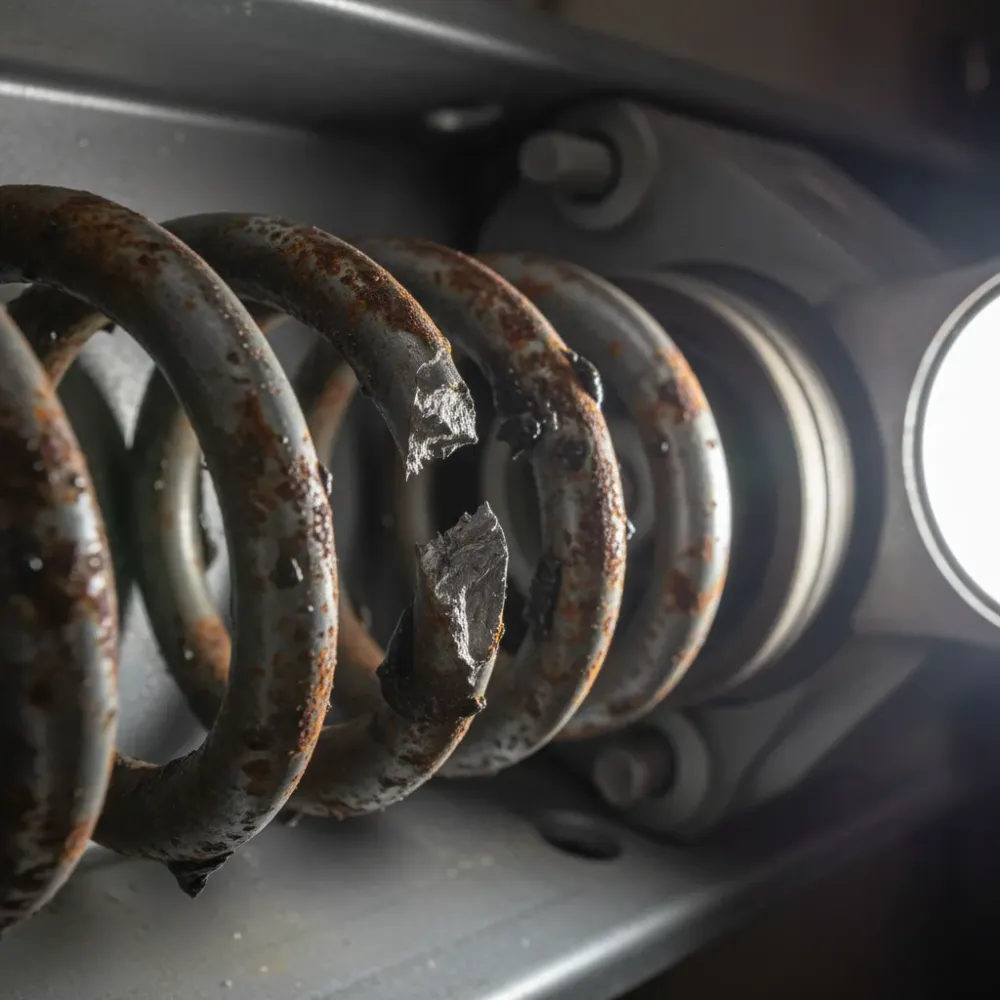 Close-up of a broken, rust-corroded garage door torsion spring with a visible fracture point from coastal salt-air exposure.