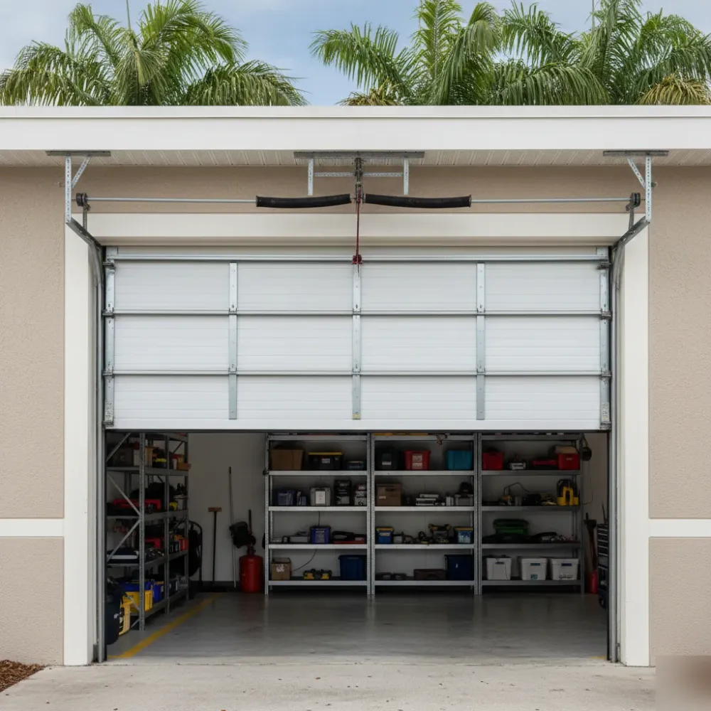 Commercial garage door fully raised and operational with new zinc-coated rollers and clean cable drums at a Hallandale Beach