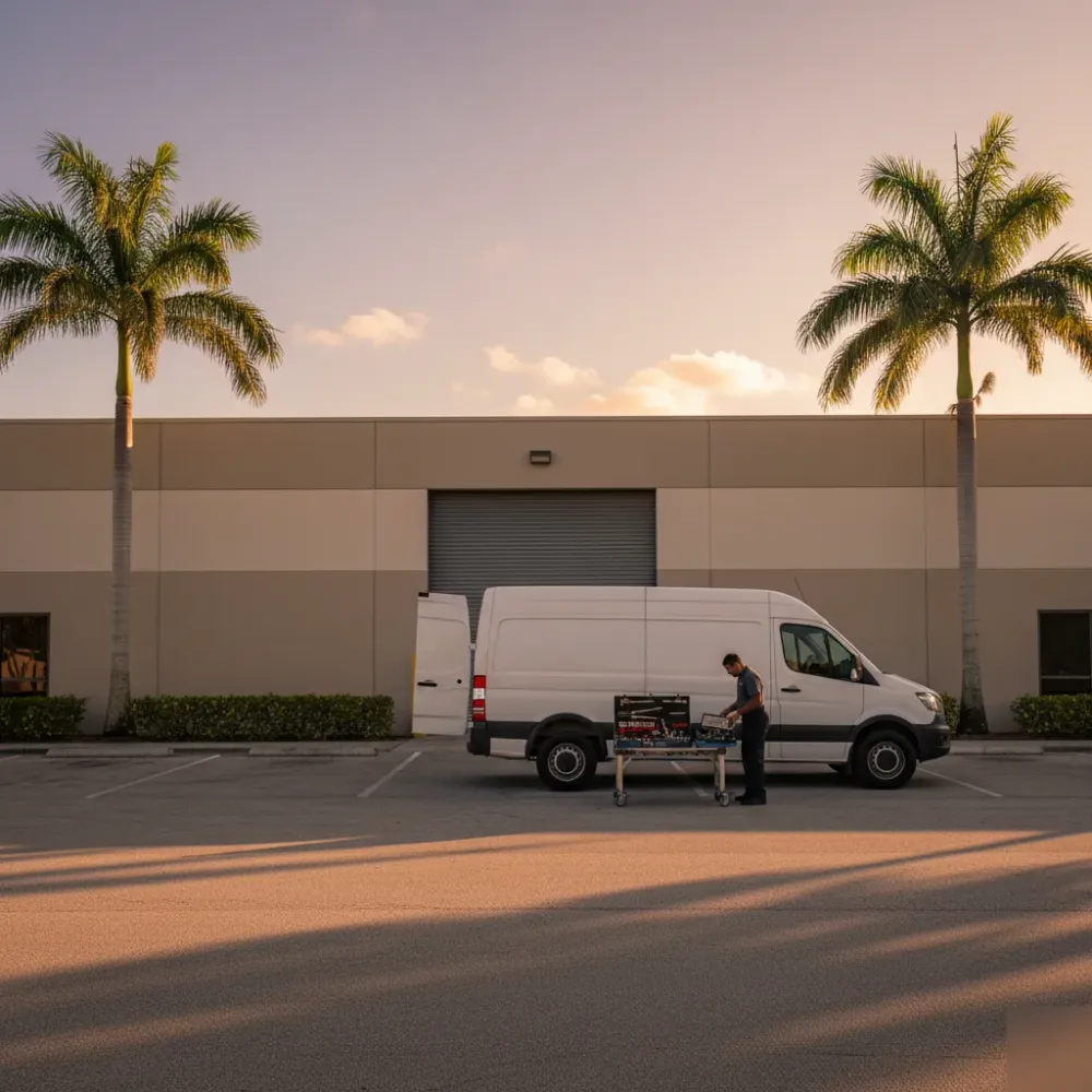 Service van parked outside a flat-roofed commercial building with a roll-up garage door at golden hour in Hallandale Beach.