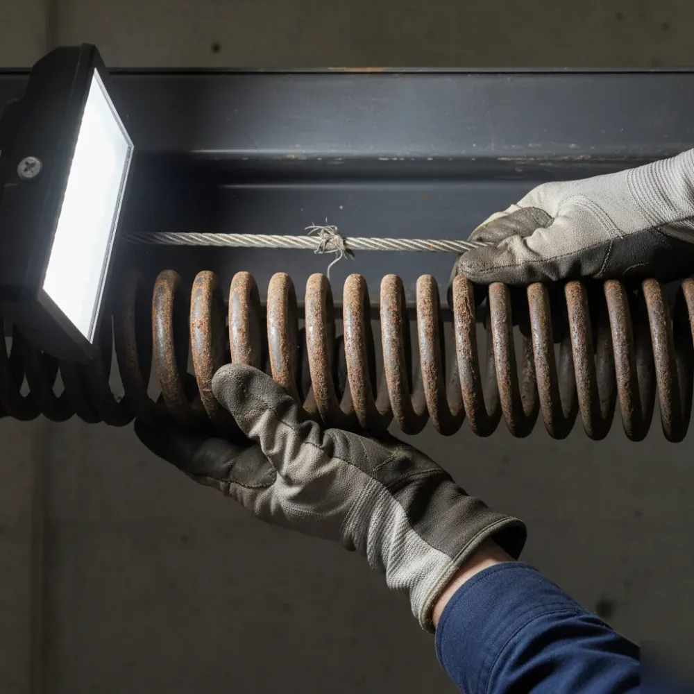 Close-up of gloved hands inspecting a rusted torsion spring on a commercial garage door header during a repair service.