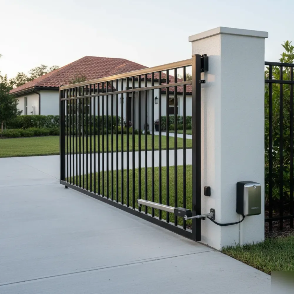 Completed gate opener installation on a aluminum swing gate beside a stucco pillar in Hallandale Beach.