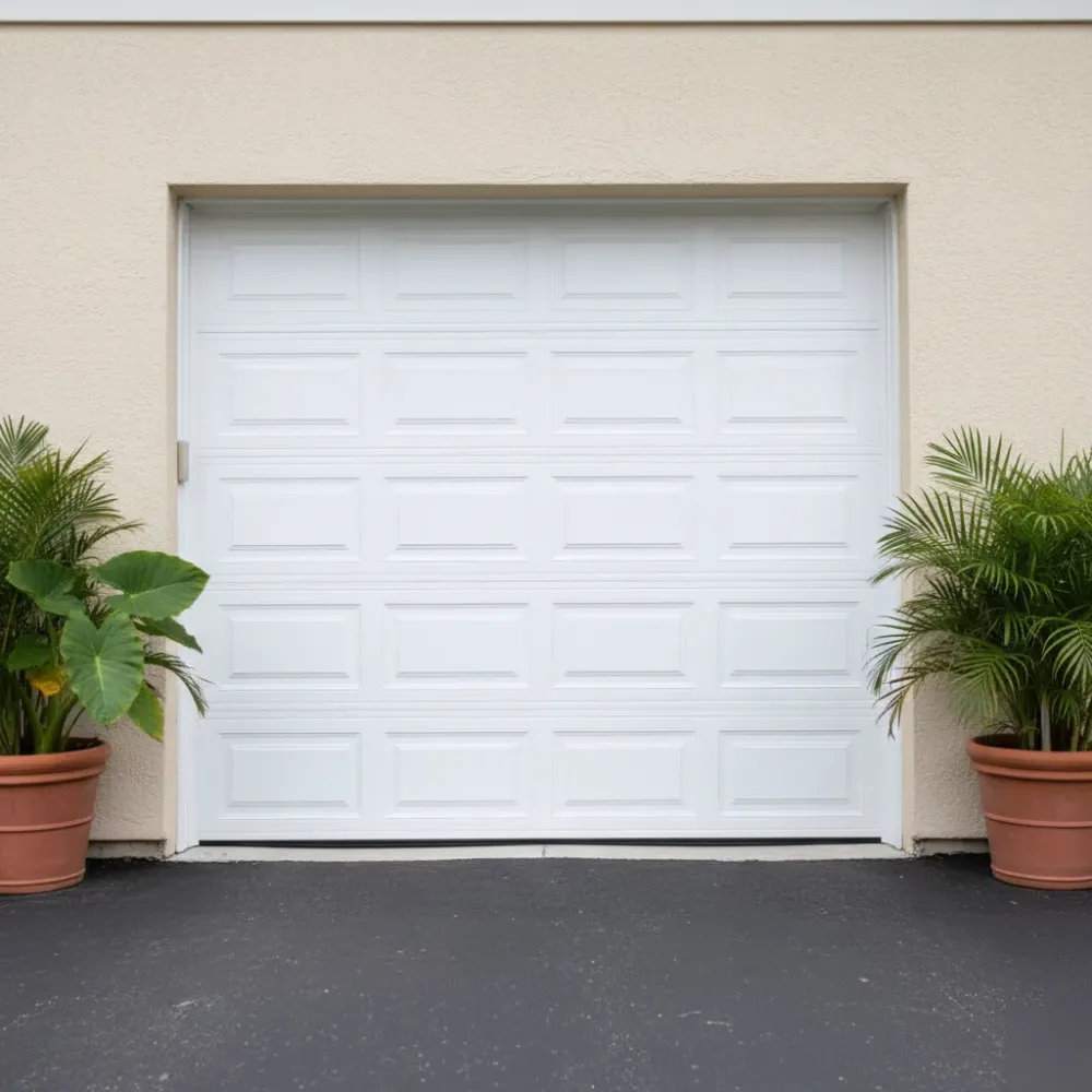 Newly installed white sectional garage door sits flush and sealed against a stucco residential garage in Hallandale Beach.