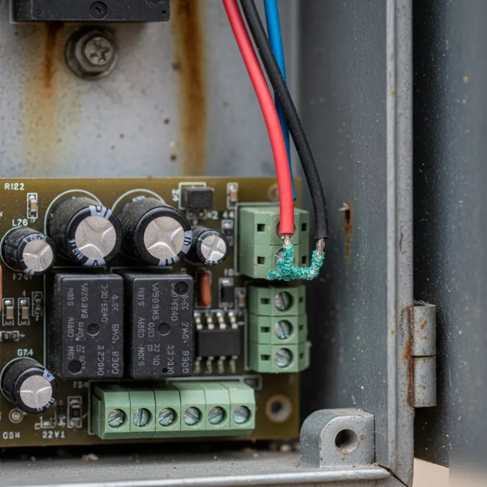 Close-up of an electric gate motor control board with color-coded wiring and a corroded terminal connection inside a metal.