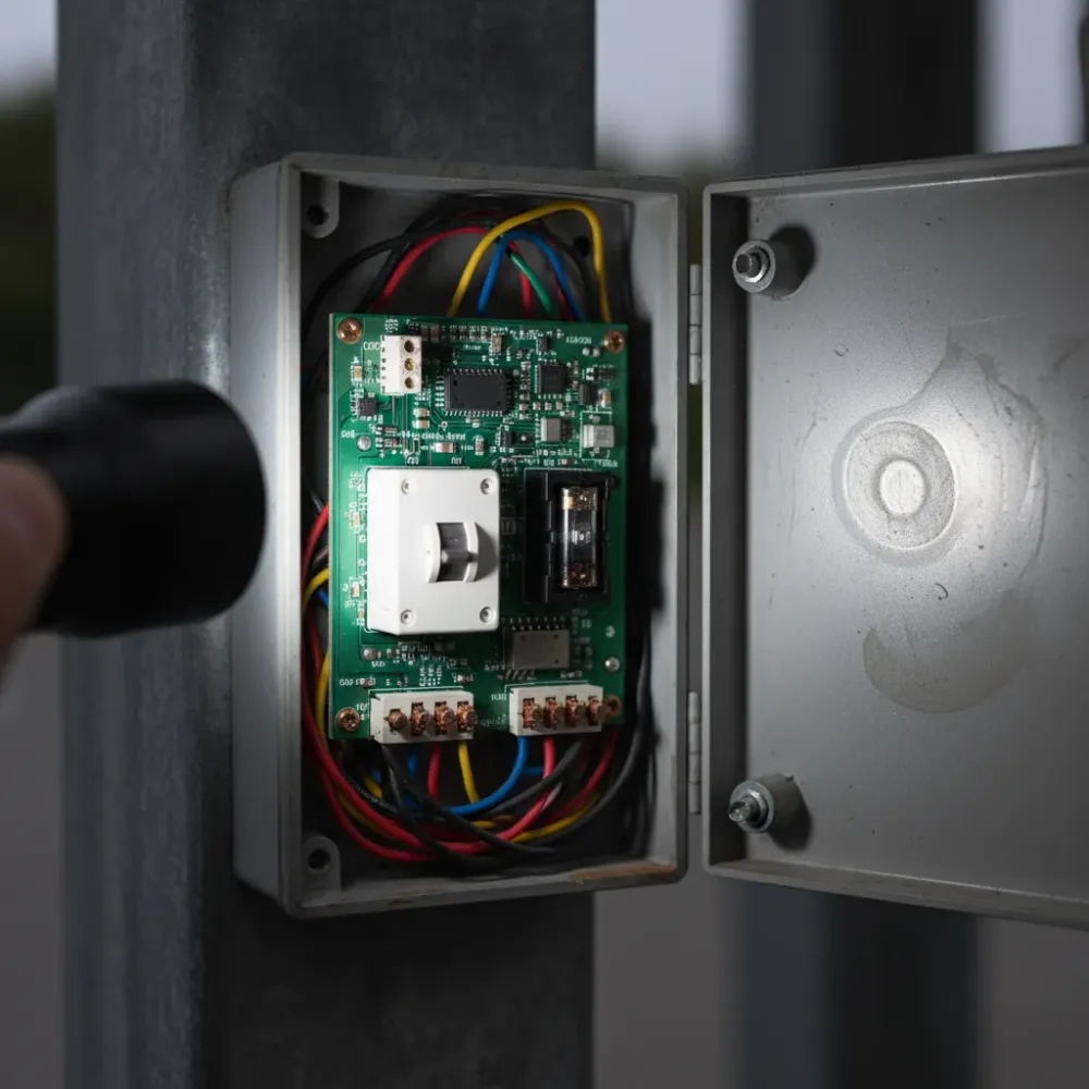 Inside an open electric gate control box showing a tripped circuit breaker, blown fuse, and corroded wire terminals.