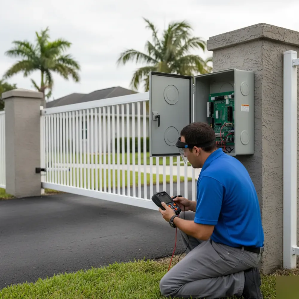 Technician crouches beside an open electric gate control panel, using a diagnostic tool to check the circuit board.