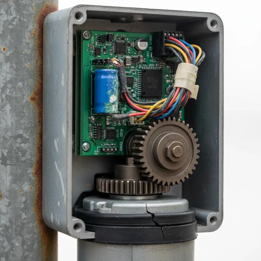 Close-up of an electric gate motor interior with corroded terminals, a cracked seal, and a visible circuit board assembly.