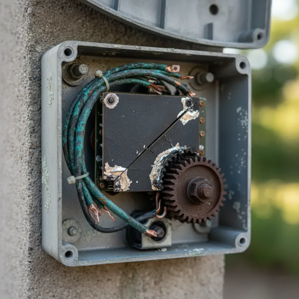 Open electric gate motor housing revealing a corroded circuit board with burn marks and rusted internal gears.