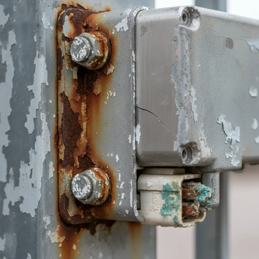 Close-up of a corroded electric gate motor bracket with rust, cracked housing, and oxidized wiring terminals.