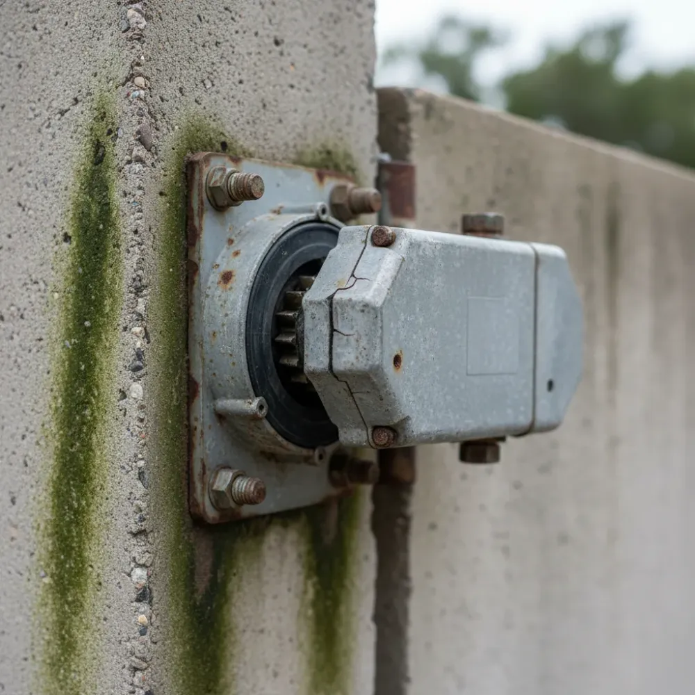 Close-up of a corroded electric gate motor housing with oxidized bolts and a cracked rubber drive arm seal.