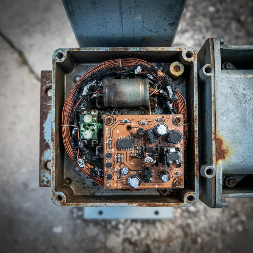 Close-up of a damaged electric gate motor with burnt wiring and corroded terminals visible inside an open housing.