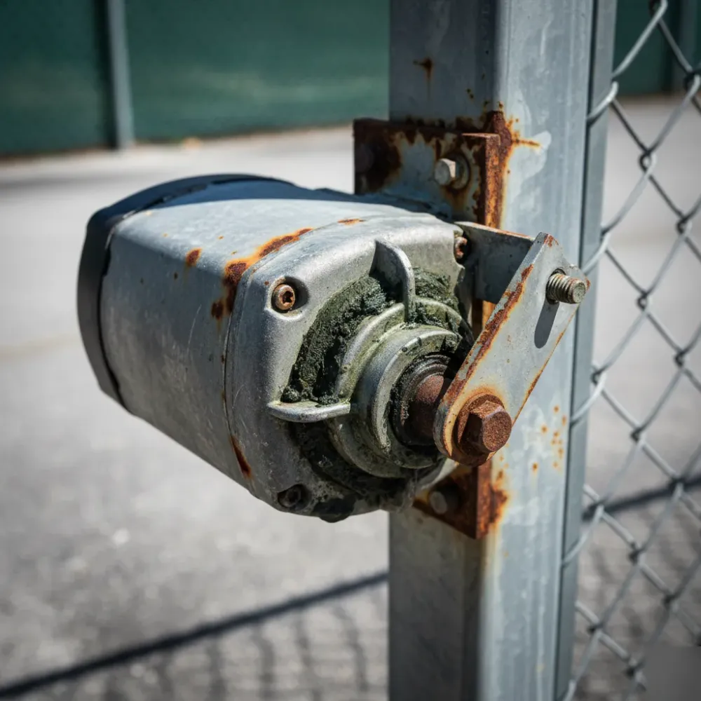 Close-up of a corroded electric gate motor housing with grease buildup and a misaligned drive arm bracket.