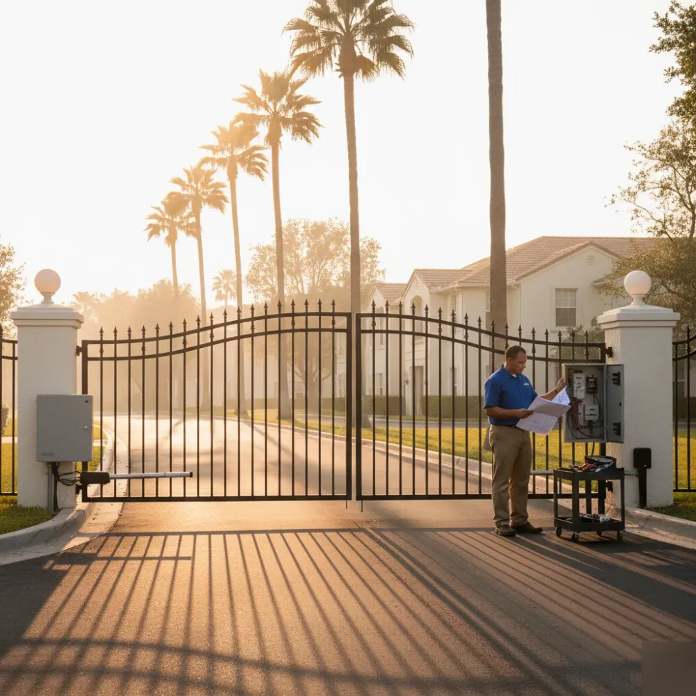 Technician reviewing a wiring diagram beside an iron swing gate at a Hallandale Beach residential community entrance.
