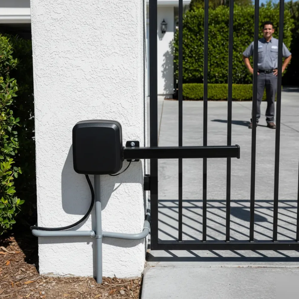 Newly installed electric gate opener mounted on a stucco pillar beside a closed residential gate in Hallandale Beach.