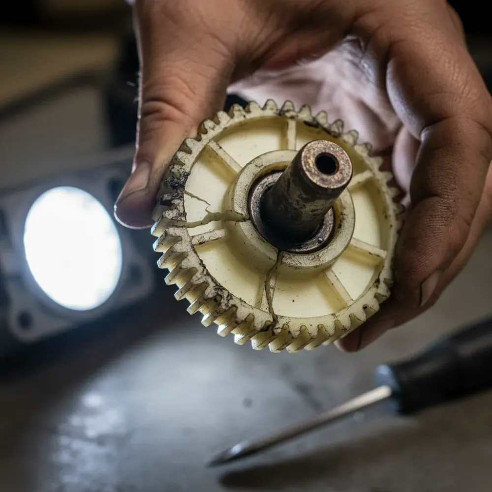 Hands holding a stripped nylon drive gear removed from an electric gate opener during a repair inspection.