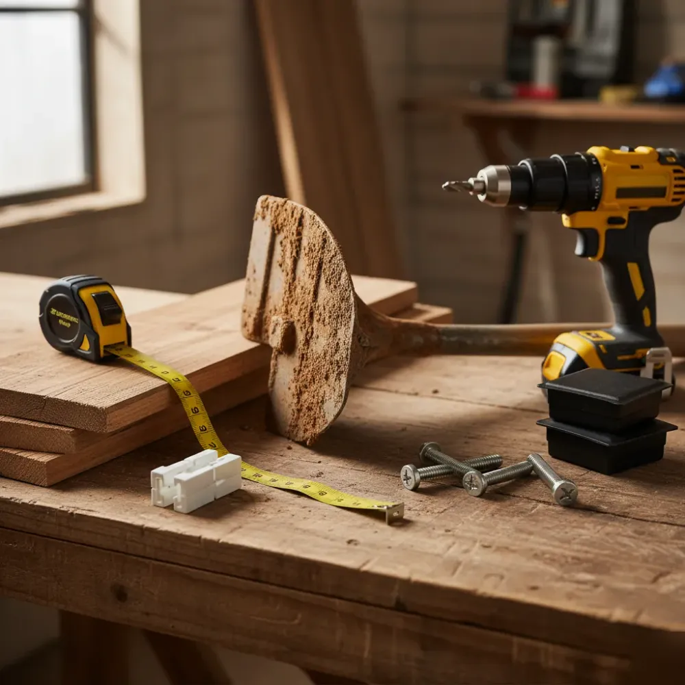 Fence installation tools including a post-hole digger, drill, carriage bolts, cedar pickets, and vinyl connectors arranged