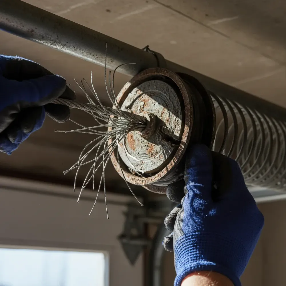 Close-up of gloved hands threading a frayed steel garage door cable through a corroded drum mechanism.
