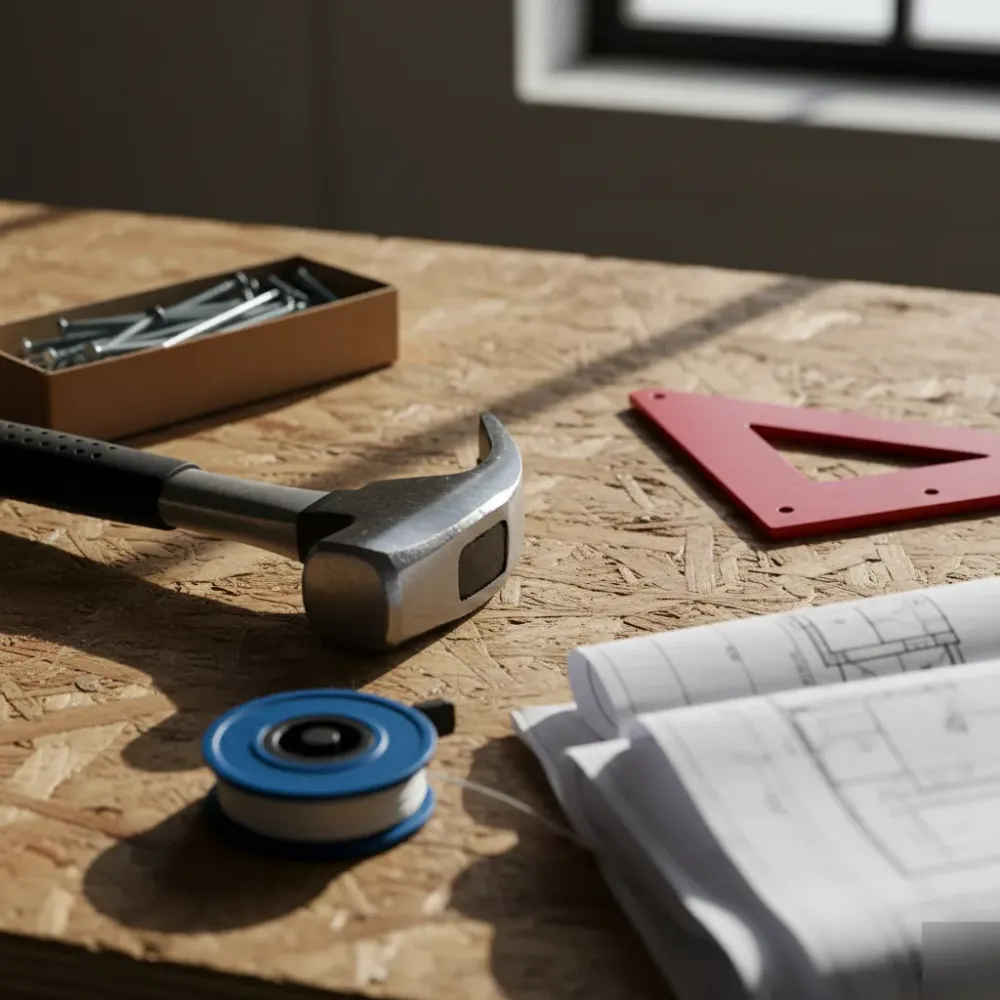 Framing hammer, speed square, chalk line, and blueprints arranged on a plywood work surface in natural side-lighting.