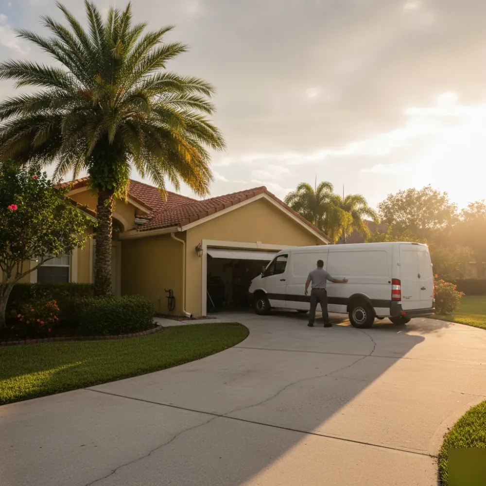 Technician manually lifting a garage door to test balance after spring replacement at a Hallandale Beach home.