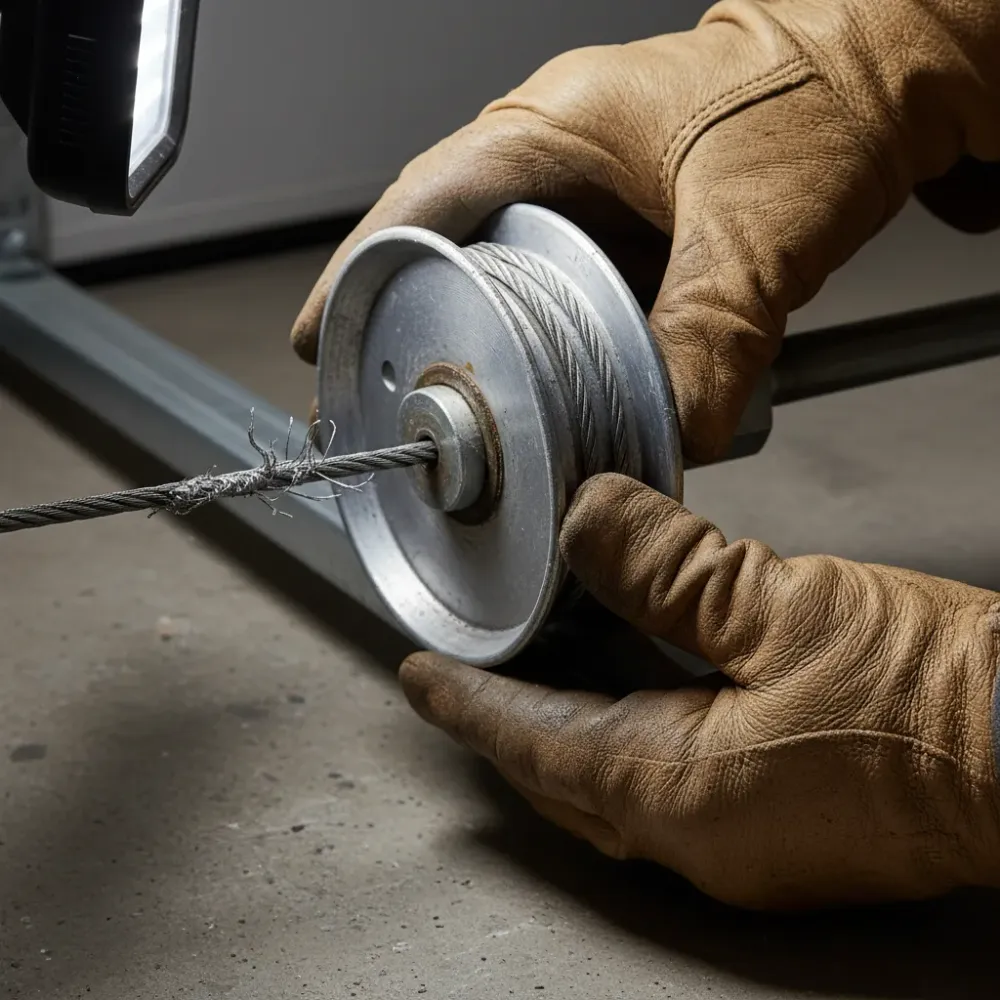 Gloved hands gripping a steel cable drum on a garage door shaft during a repair in Hallandale Beach.