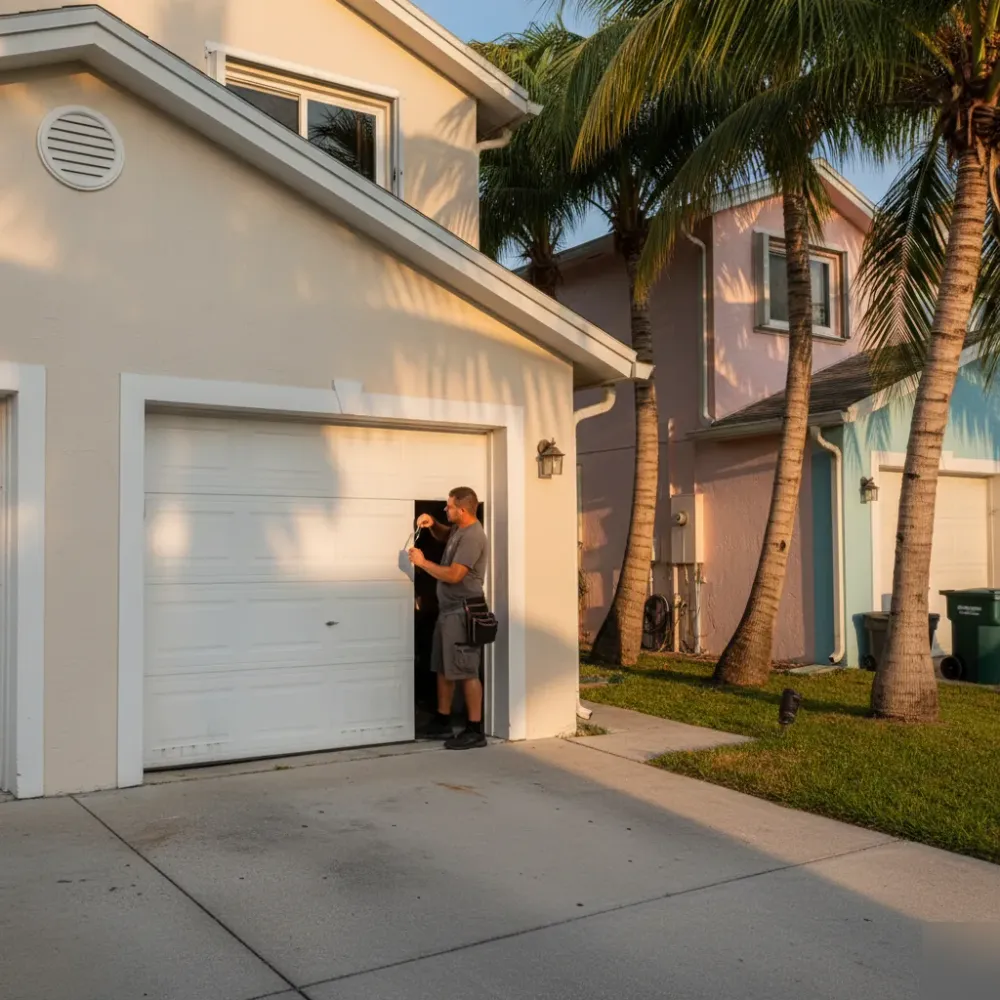 Technician inspects a garage door cable track at golden hour outside a concrete block home in Hallandale Beach.