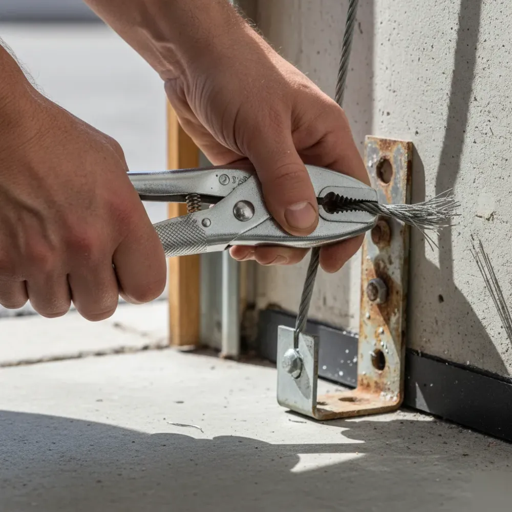 Close-up of hands using locking pliers on a frayed galvanized garage door cable at the bottom bracket during a repair.