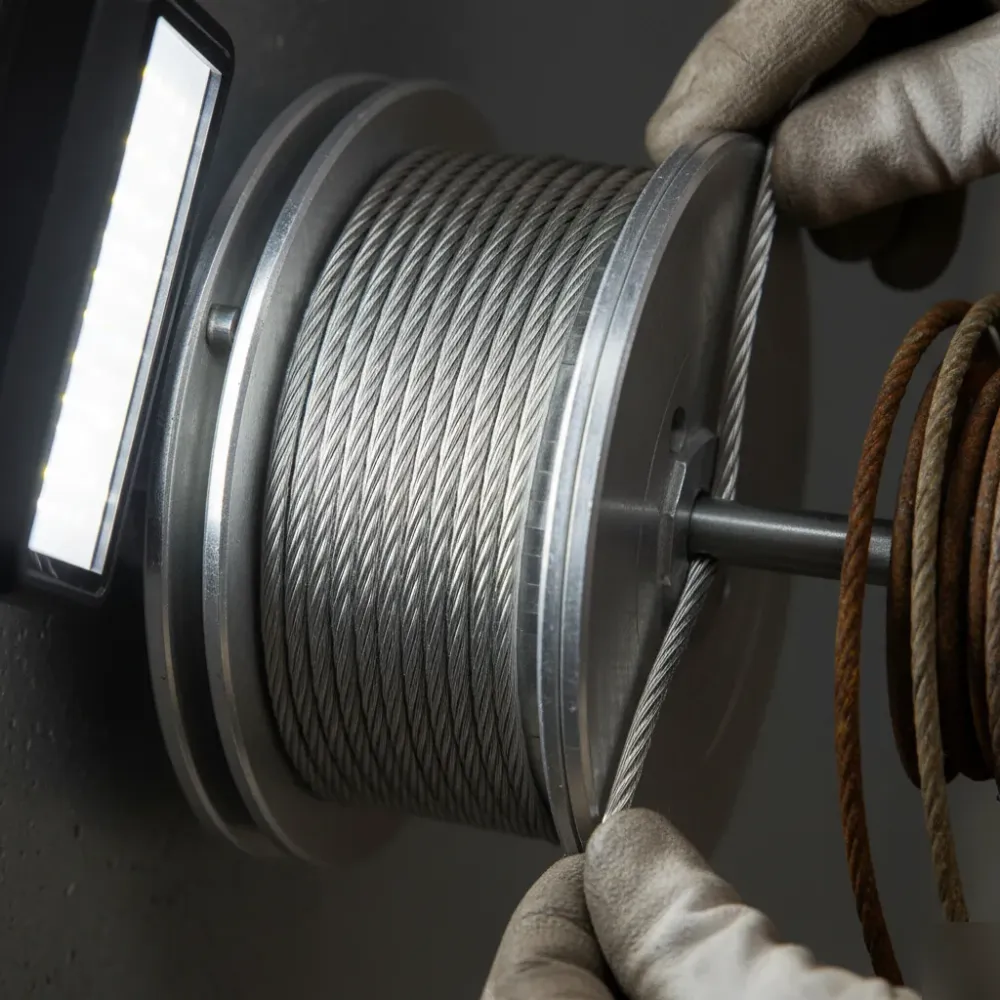 Close-up of gloved hands threading a steel garage door cable onto a grooved aluminum drum during repair.