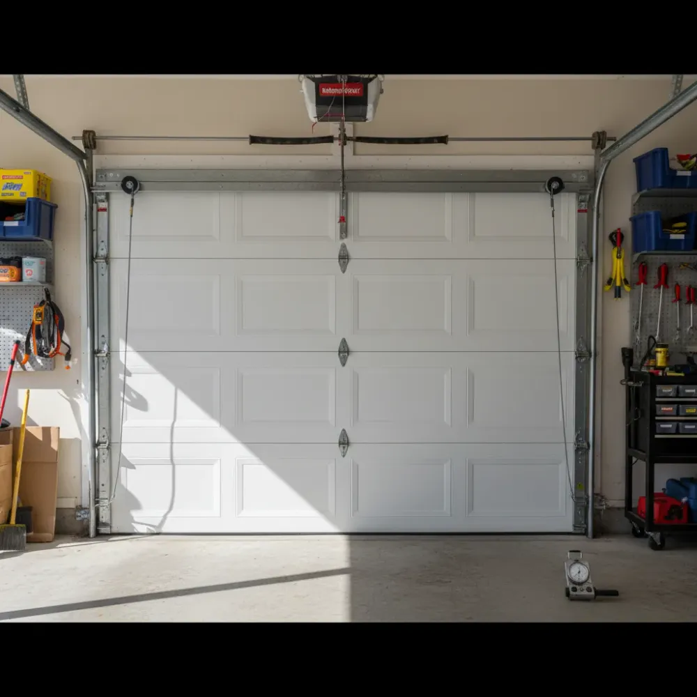 Garage door hangs level and flush with new steel cables seated evenly in both tracks after repair.