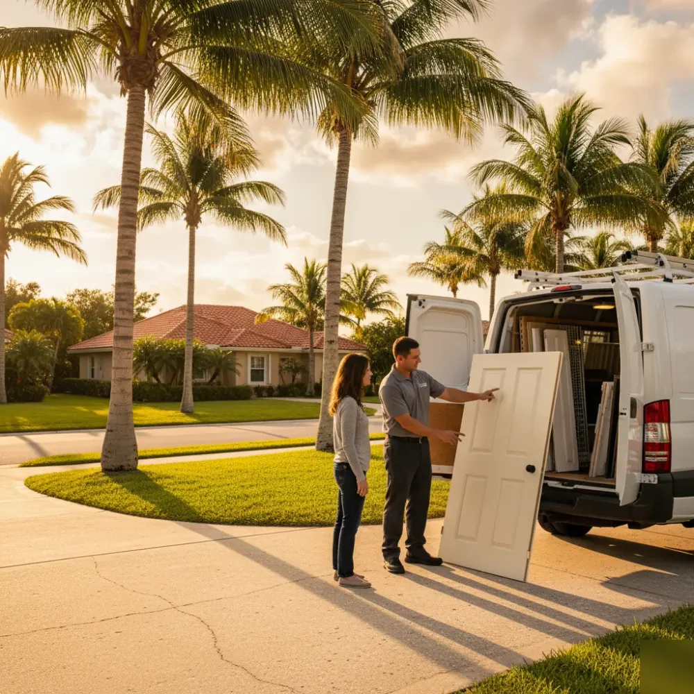 Technician points to garage door panel samples on a van tailgate while a homeowner looks on at golden hour.