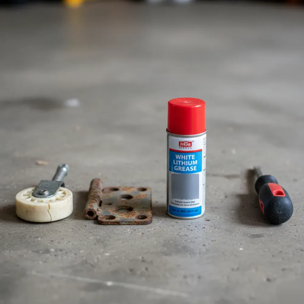 Worn garage door roller, rusted hinge, lubricant, and screwdriver arranged on a concrete garage floor under fluorescent