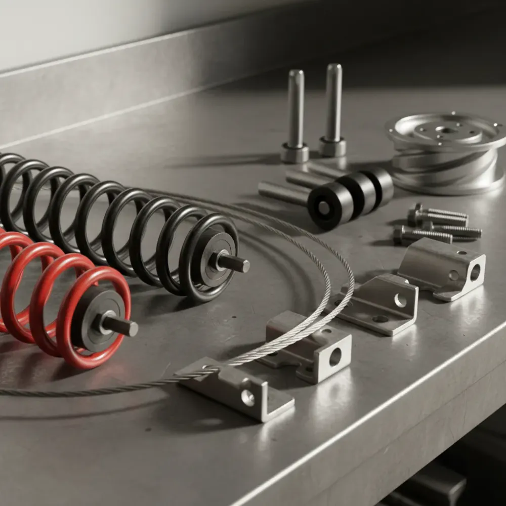 Torsion springs, lift cables, rollers, and brackets arranged on a steel work surface with dramatic side-lighting.
