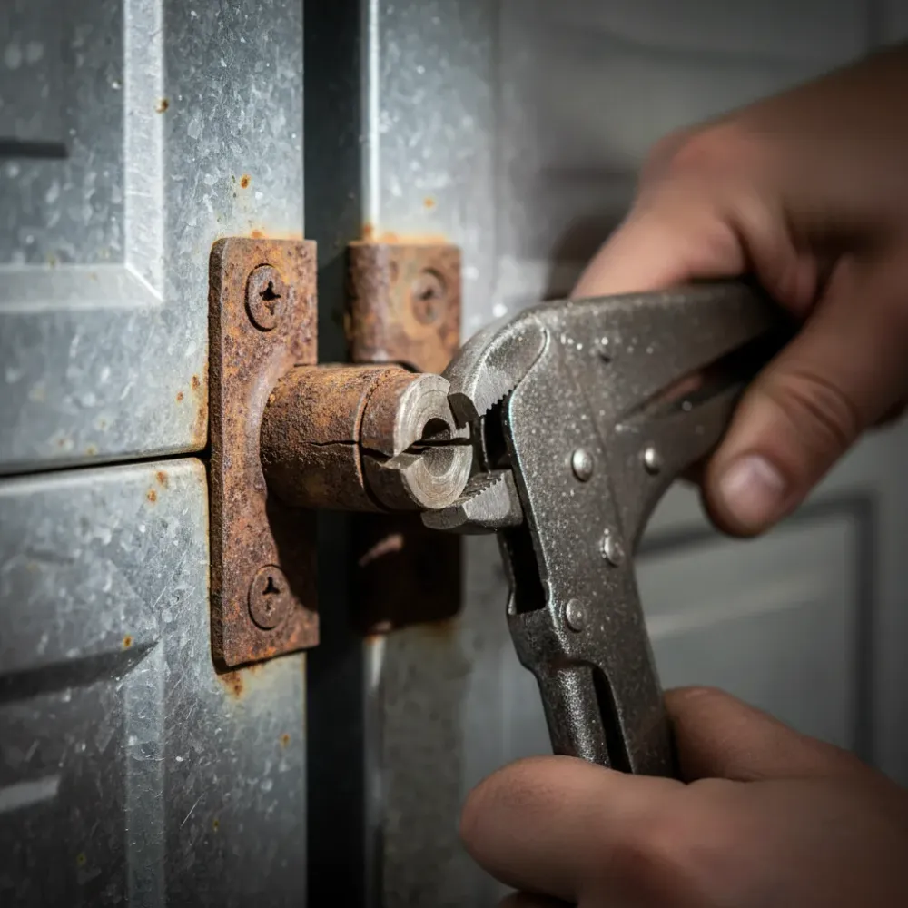 Close-up of cracked, rust-spotted garage door hinge gripped by locking pliers during a repair inspection.