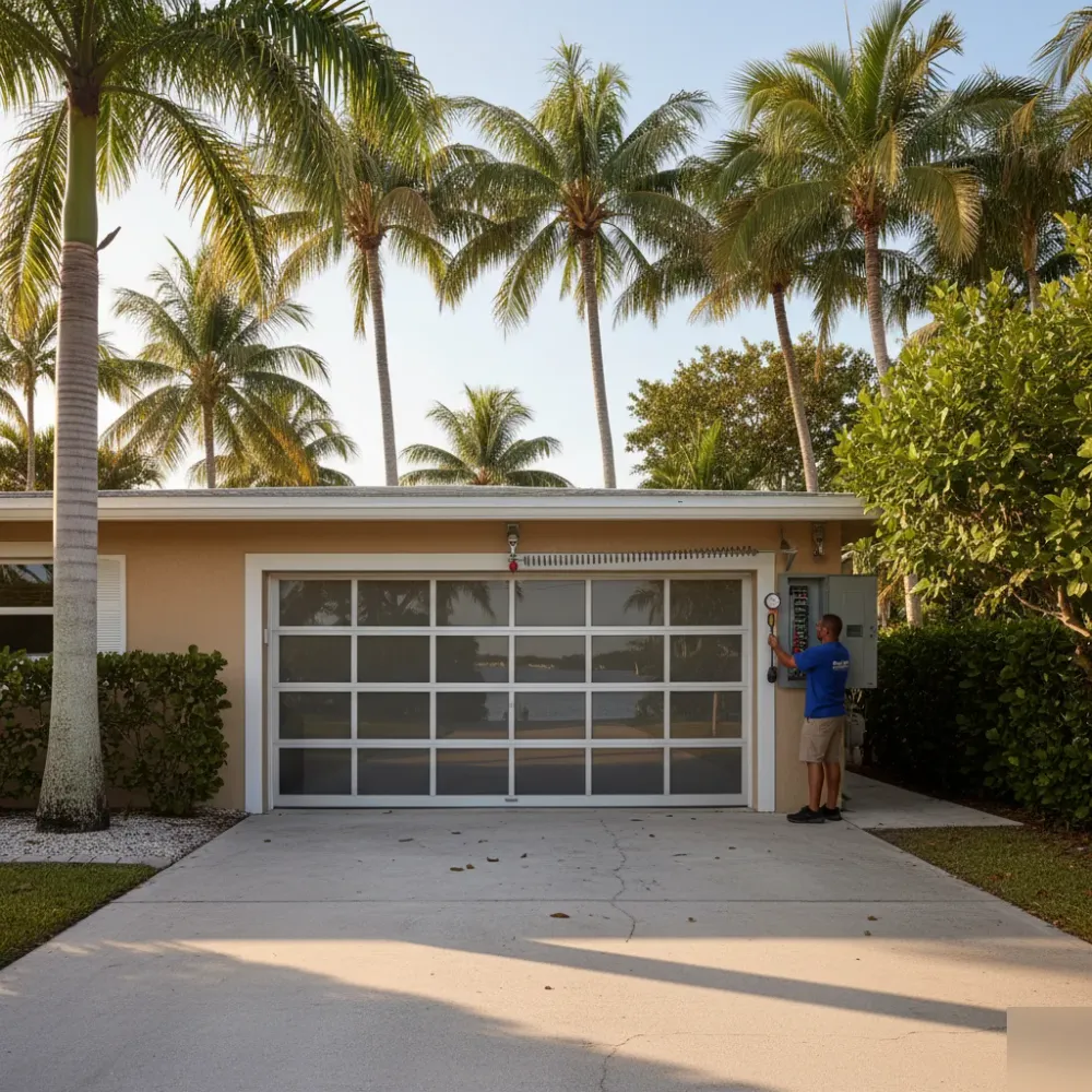 Technician checks torsion spring tension on a glass aluminum garage door at a coastal Hallandale Beach home at golden hour.