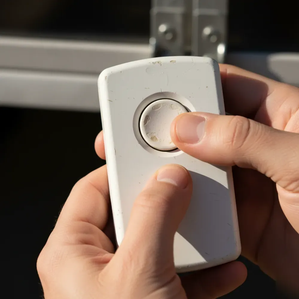 Close-up of a hand pressing the button on a worn garage door opener remote control.