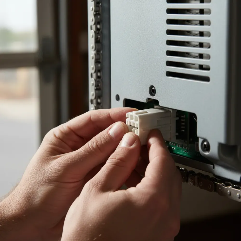 Close-up of hands connecting a wiring harness into the motor panel of a garage door opener unit.