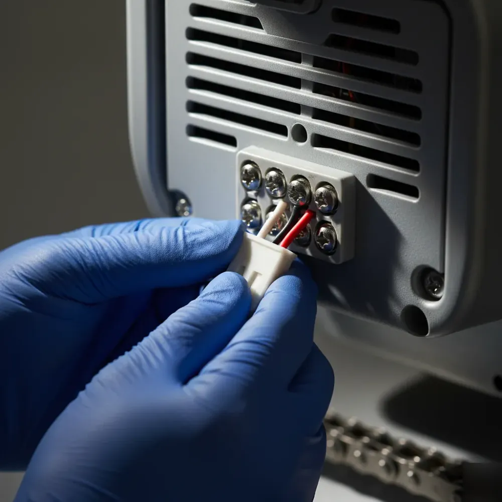 Gloved hands connect a wiring harness to the terminal block of a newly installed garage door opener motor unit.