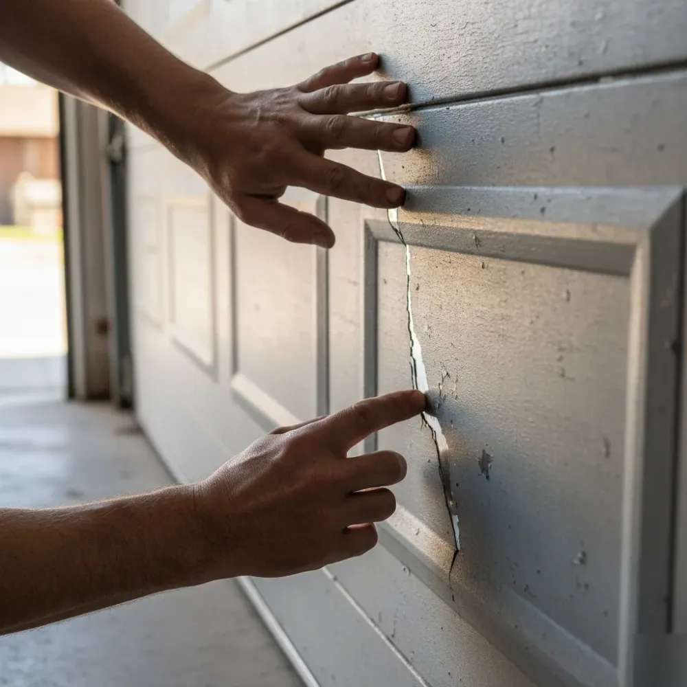 Close-up of hands tracing a diagonal crack along a steel garage door panel with chipped gray paint visible.
