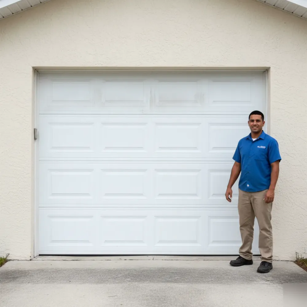 Newly replaced garage door panel sits flush and aligned on a residential door in Hallandale Beach, Florida.