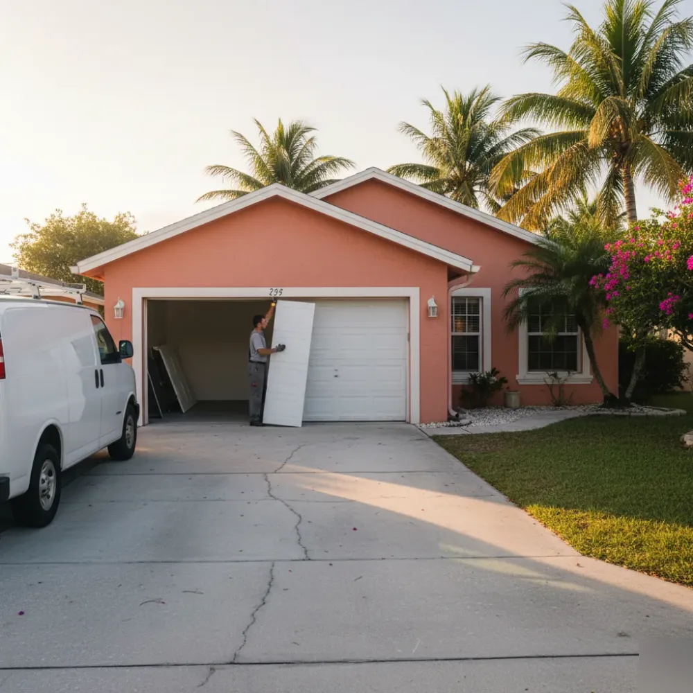 Technician holds a replacement garage door panel against a two-car garage at a stucco home during golden hour in Hallandale