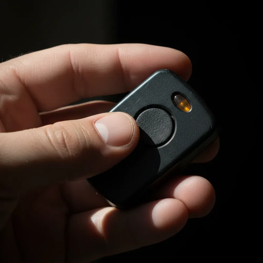 Close-up of a thumb pressing the button on a worn plastic garage door remote with an amber LED indicator lit.