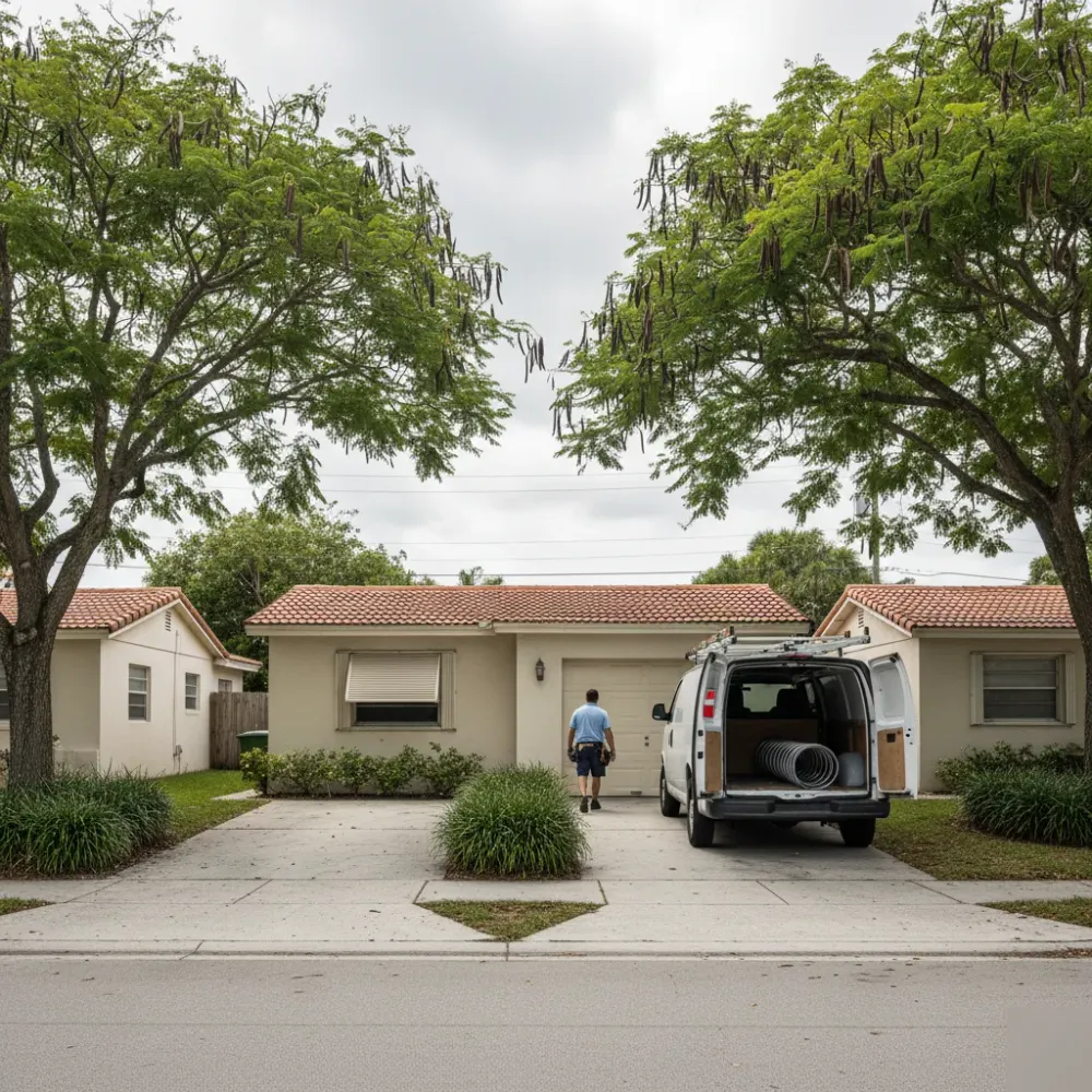 Service van parked on a residential street in central Hollywood, FL during a garage door repair call.
