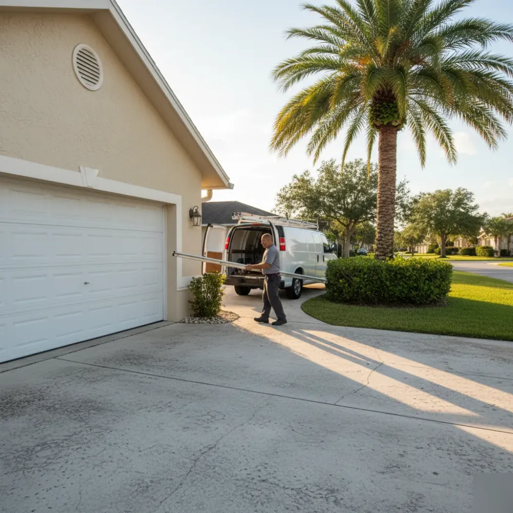Technician unloading track tools from a service van in front of a stucco home with a partially open garage door in