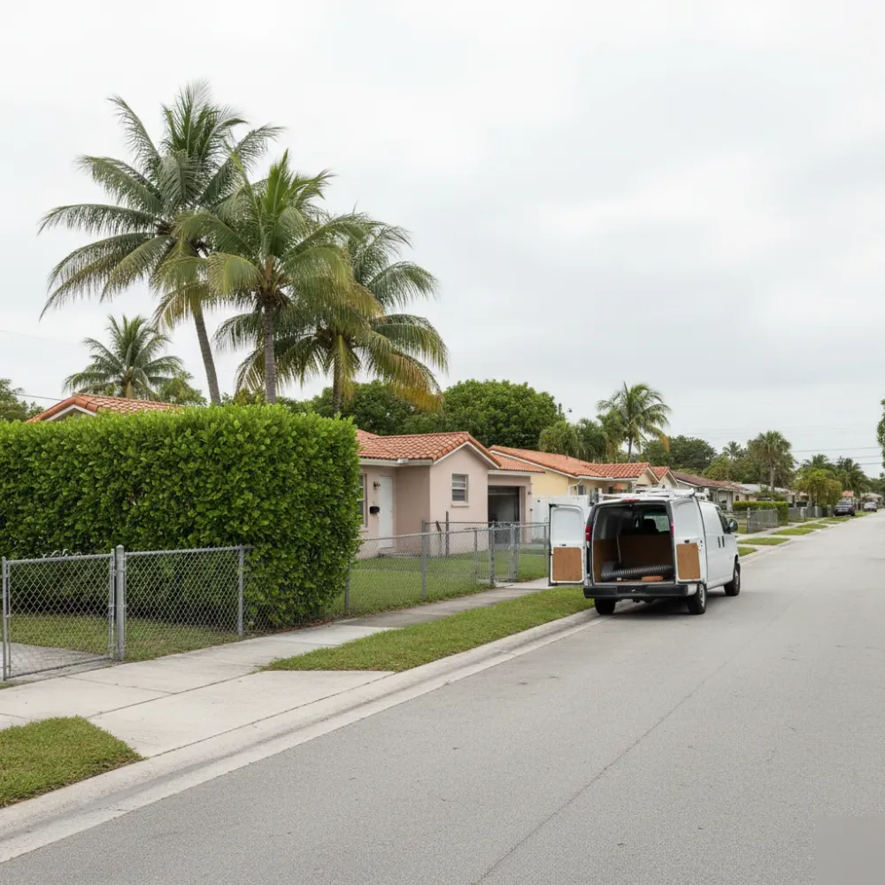 Service van parked on a residential street near McTyre Park West Park in Hollywood, Florida for garage door repair.