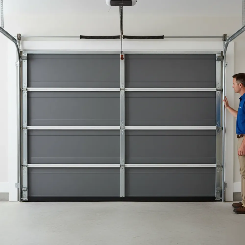 Garage door fully closed and level with all rollers seated in the steel track channels after an off-track repair in