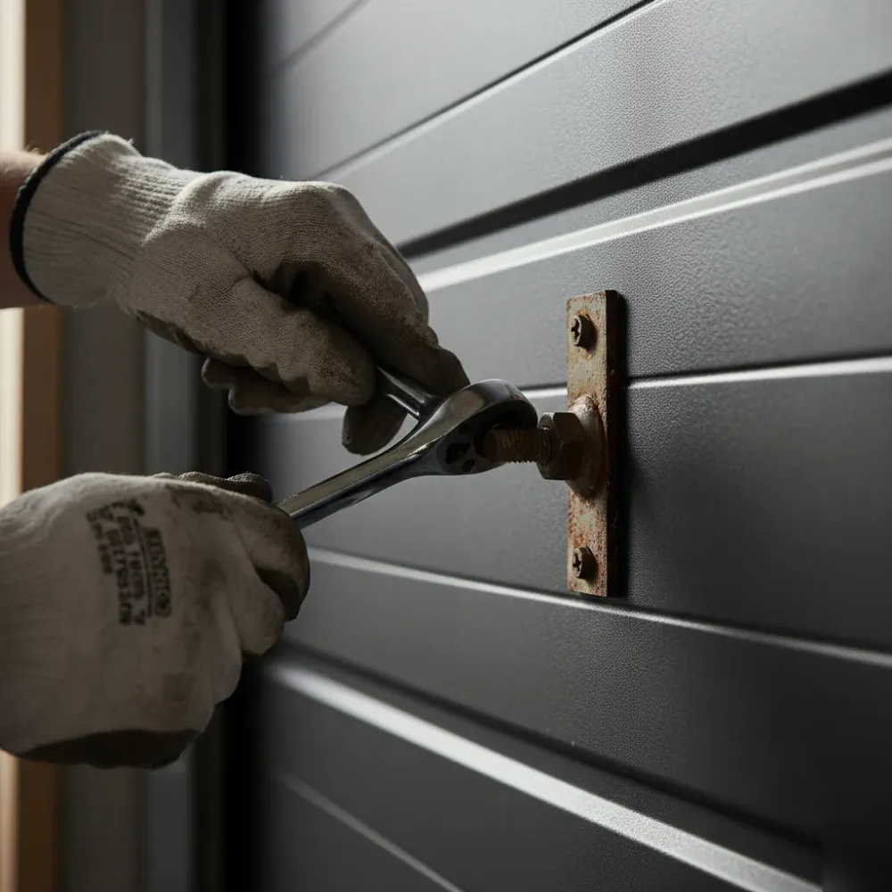 Gloved hands tighten a galvanized bolt on a roller bracket attached to a dark charcoal sectional garage door panel.