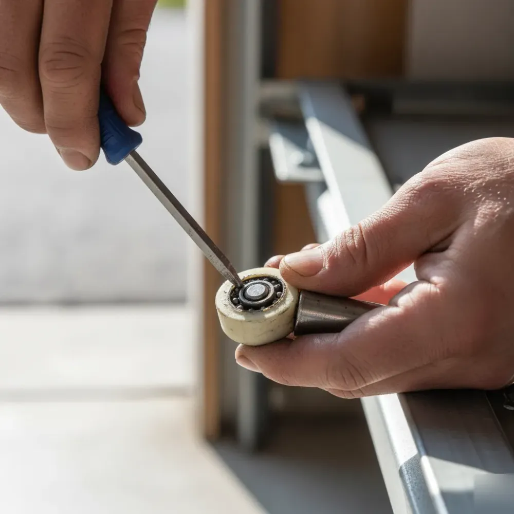 Hands hold a steel garage door roller with a cracked nylon wheel, examined under natural side-light during a service call